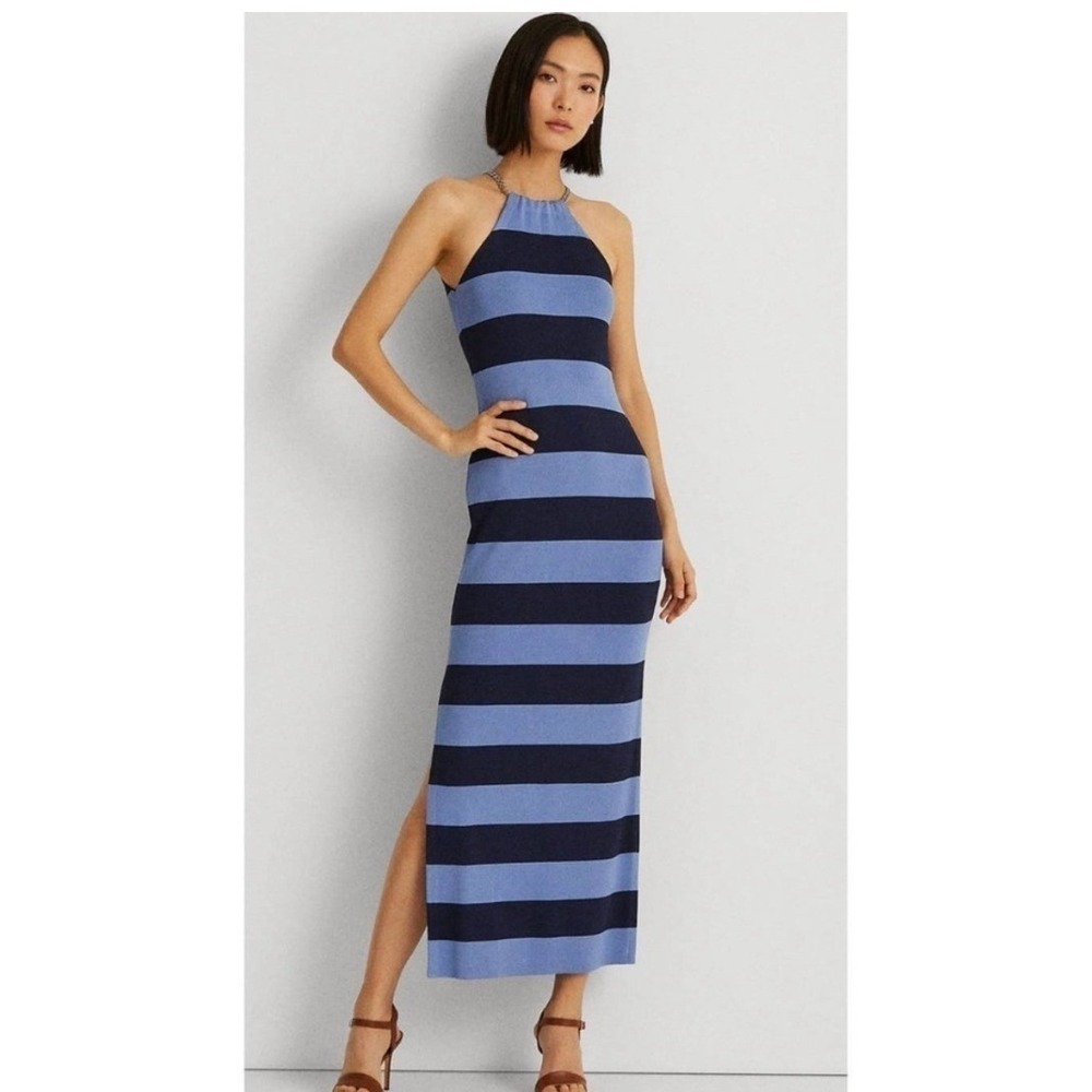 Lauren Ralph Lauren Blue Striped Chain Halter Maxi Dress Navy Sleeveless Knit Lg